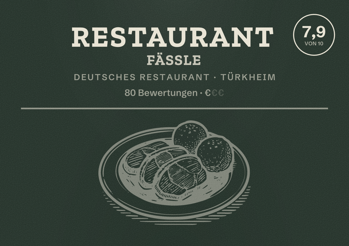 Illustriertes Poster von Restaurant Fässle, Deutsches Restaurant in Türkheim: Bewertung 7,9 von 10 aus 80 Bewertungen, Preisniveau €