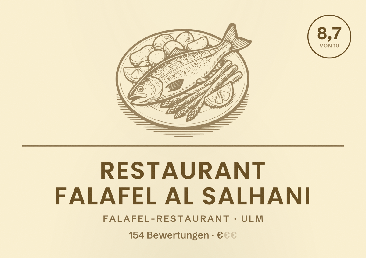 Illustriertes Poster von Restaurant Falafel Al Salhani, Falafel-Restaurant in Ulm: Bewertung 8,7 von 10 aus 154 Bewertungen, Preisniveau €
