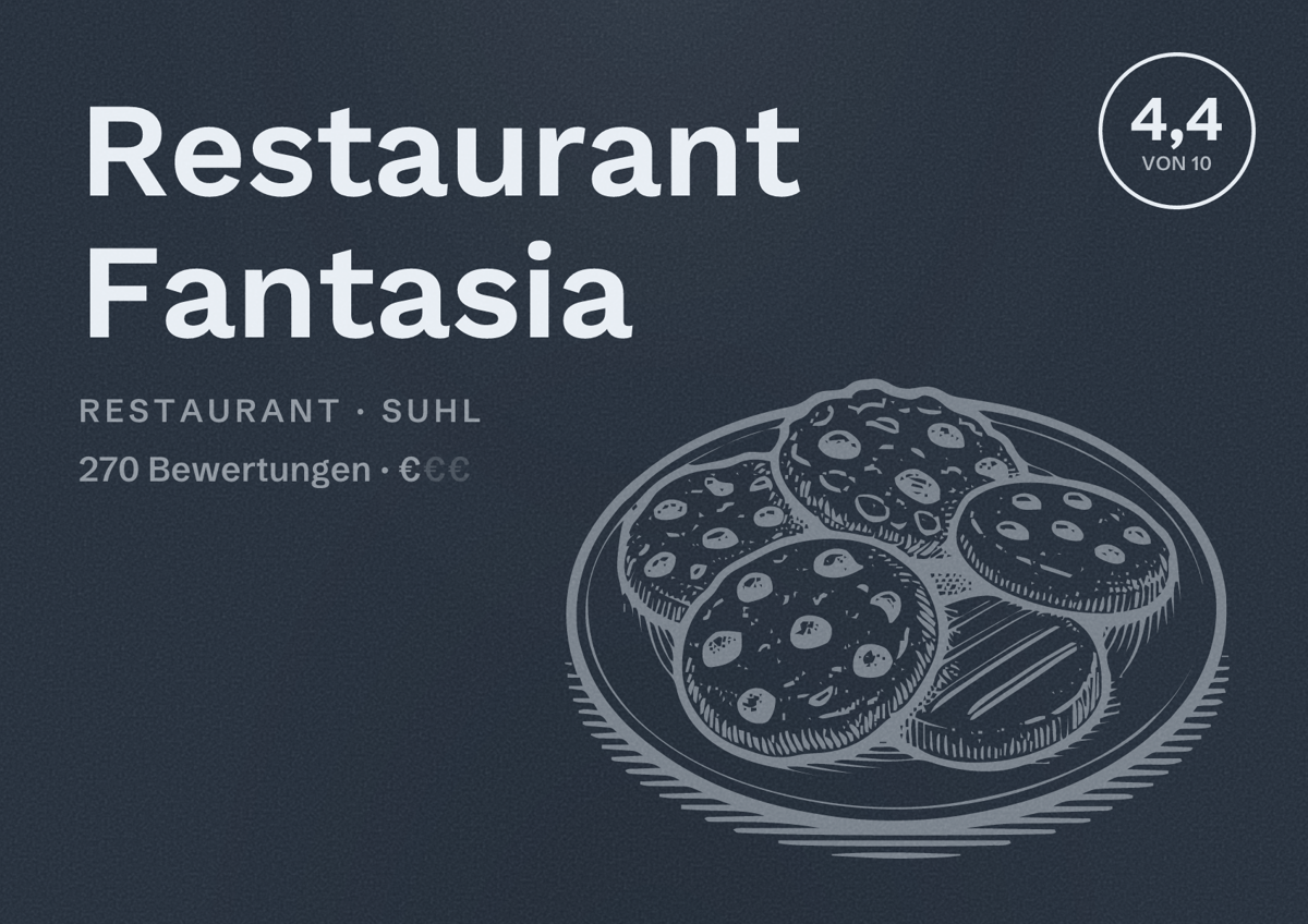 Illustriertes Poster von Restaurant Fantasia, Restaurant in Suhl: Bewertung 4,4 von 10 aus 270 Bewertungen, Preisniveau €