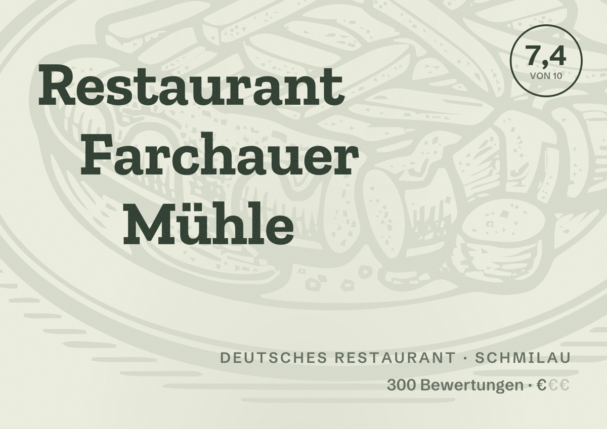 Illustriertes Poster von Restaurant Farchauer Mühle, Deutsches Restaurant in Schmilau: Bewertung 7,4 von 10 aus 300 Bewertungen, Preisniveau €