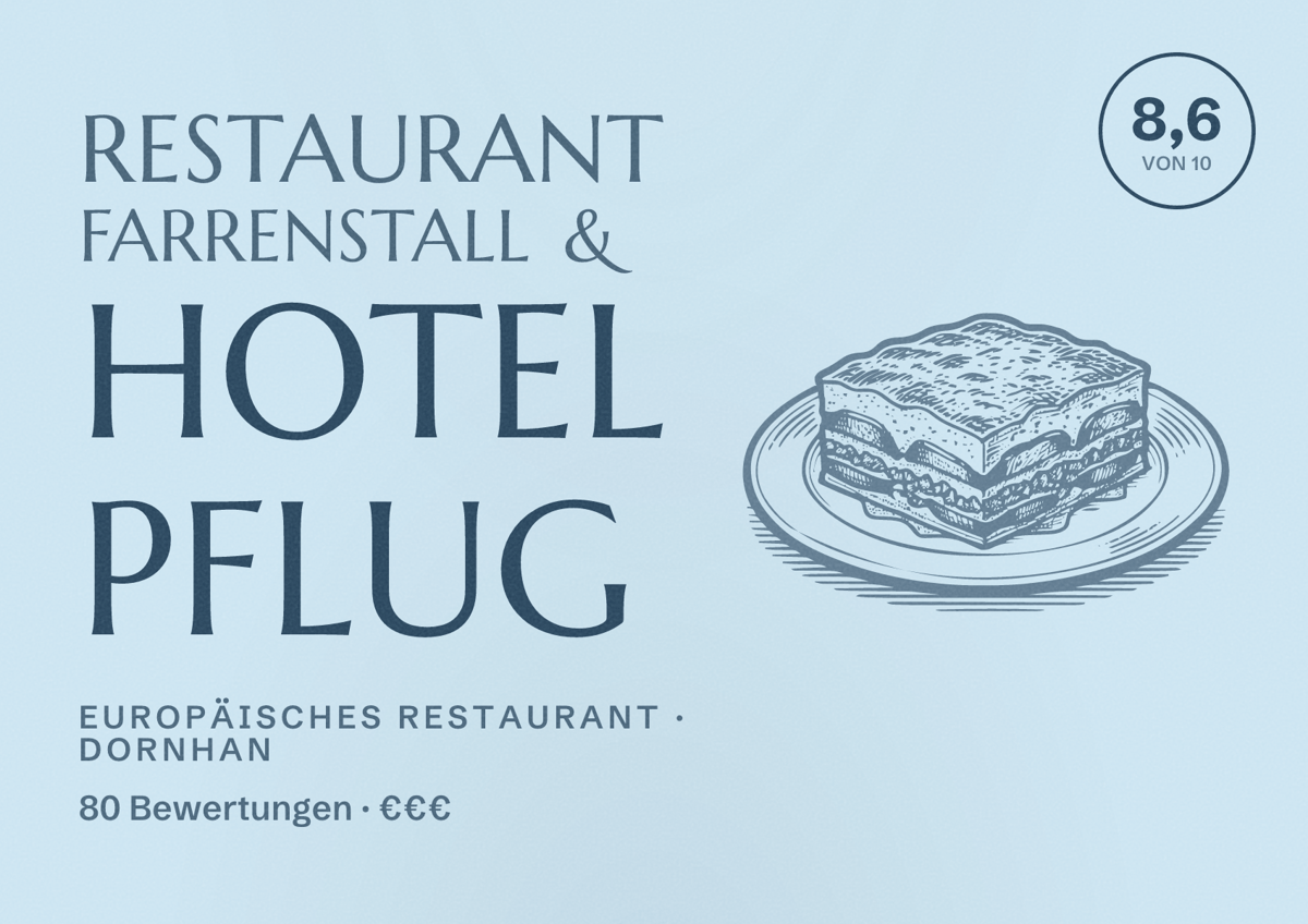 Illustriertes Poster von Restaurant Farrenstall & Hotel Pflug, Europäisches Restaurant in Dornhan: Bewertung 8,6 von 10 aus 80 Bewertungen, Preisniveau €€€