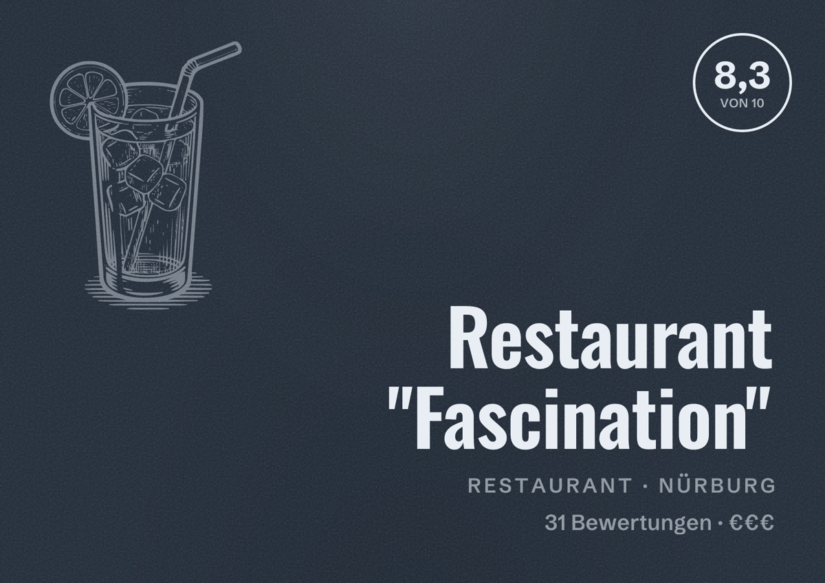 Illustriertes Poster von Restaurant "Fascination", Restaurant in Nürburg: Bewertung 8,3 von 10 aus 31 Bewertungen, Preisniveau €€€