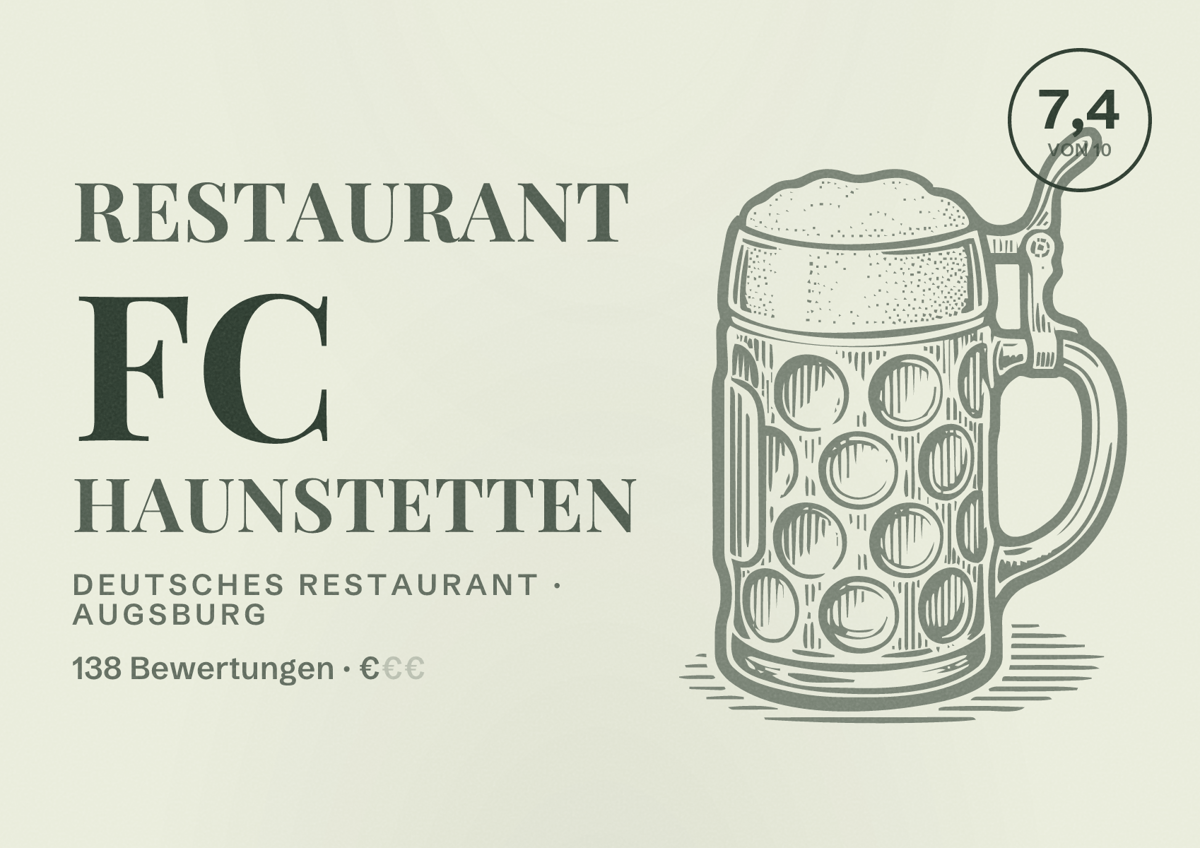 Illustriertes Poster von Restaurant FC Haunstetten, Deutsches Restaurant in Augsburg: Bewertung 7,4 von 10 aus 138 Bewertungen, Preisniveau €