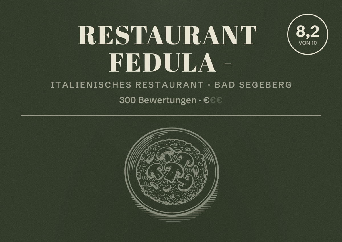 Illustriertes Poster von Restaurant Fedula -, Italienisches Restaurant in Bad Segeberg: Bewertung 8,2 von 10 aus 300 Bewertungen, Preisniveau €