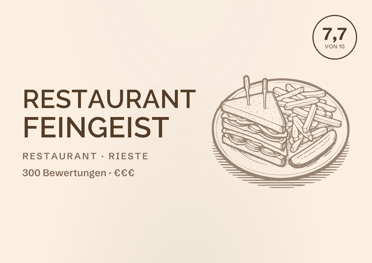 Illustriertes Poster von Restaurant Feingeist, Restaurant in Rieste: Bewertung 7,7 von 10 aus 300 Bewertungen, Preisniveau €€€