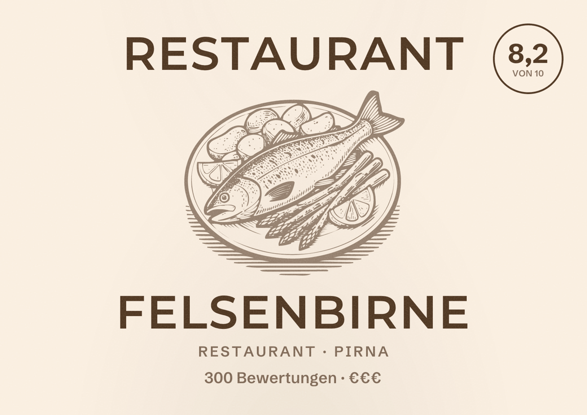 Illustriertes Poster von Restaurant Felsenbirne, Restaurant in Pirna: Bewertung 8,2 von 10 aus 300 Bewertungen, Preisniveau €€€