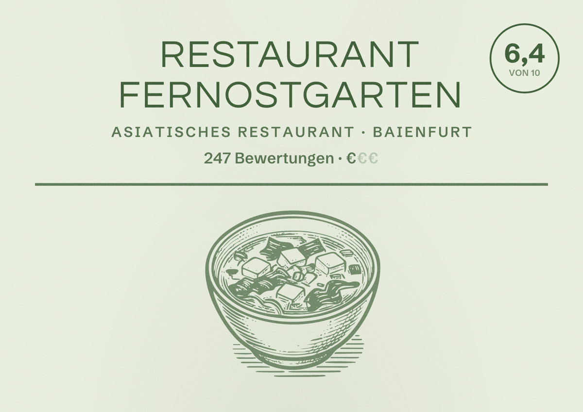 Illustriertes Poster von Restaurant Fernostgarten, Asiatisches Restaurant in Baienfurt: Bewertung 6,4 von 10 aus 247 Bewertungen, Preisniveau €
