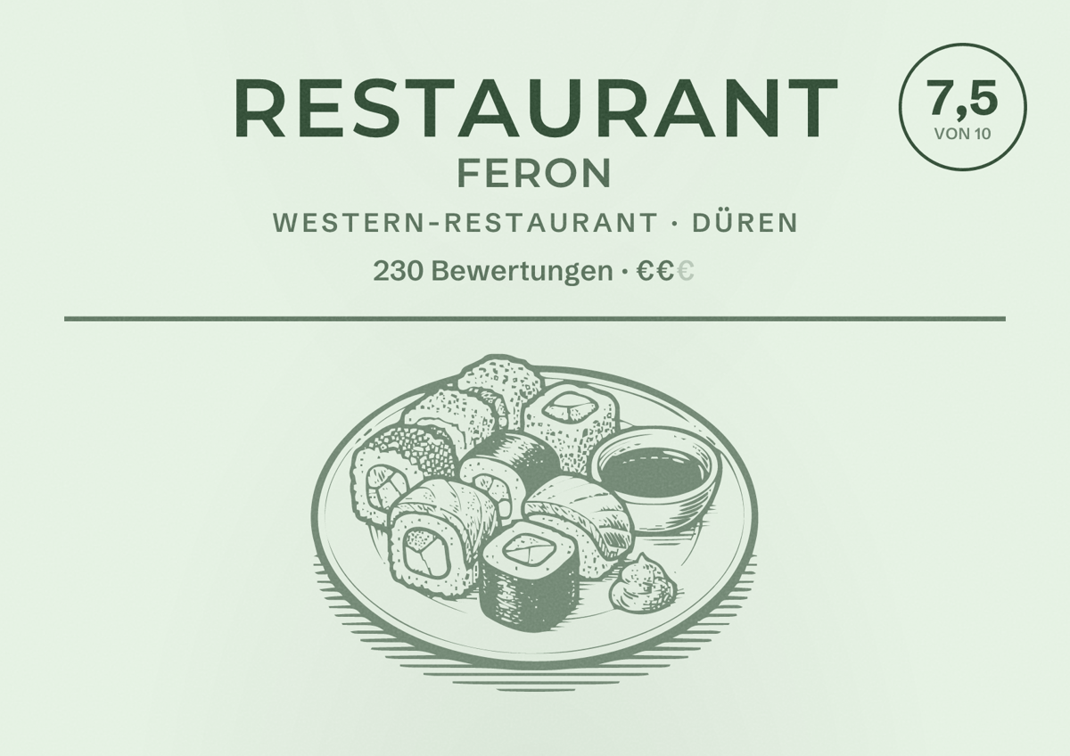 Illustriertes Poster von Restaurant Feron, Western-Restaurant in Düren: Bewertung 7,5 von 10 aus 230 Bewertungen, Preisniveau €€