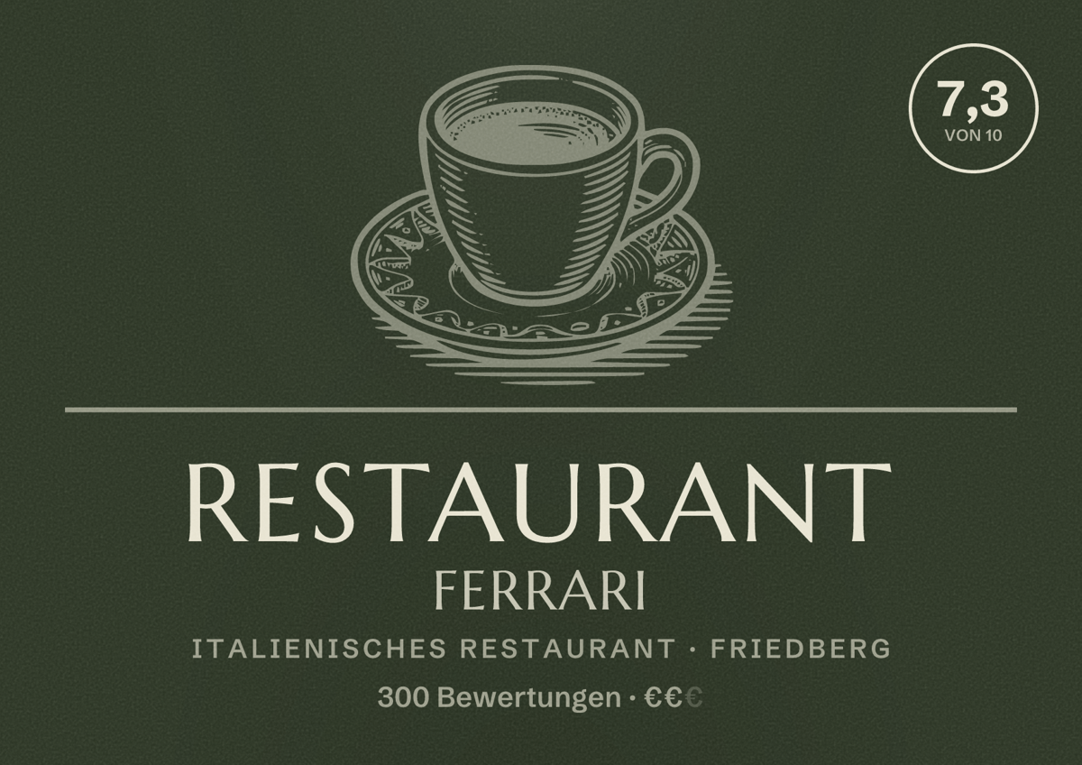 Illustriertes Poster von Restaurant Ferrari, Italienisches Restaurant in Friedberg: Bewertung 7,3 von 10 aus 300 Bewertungen, Preisniveau €€