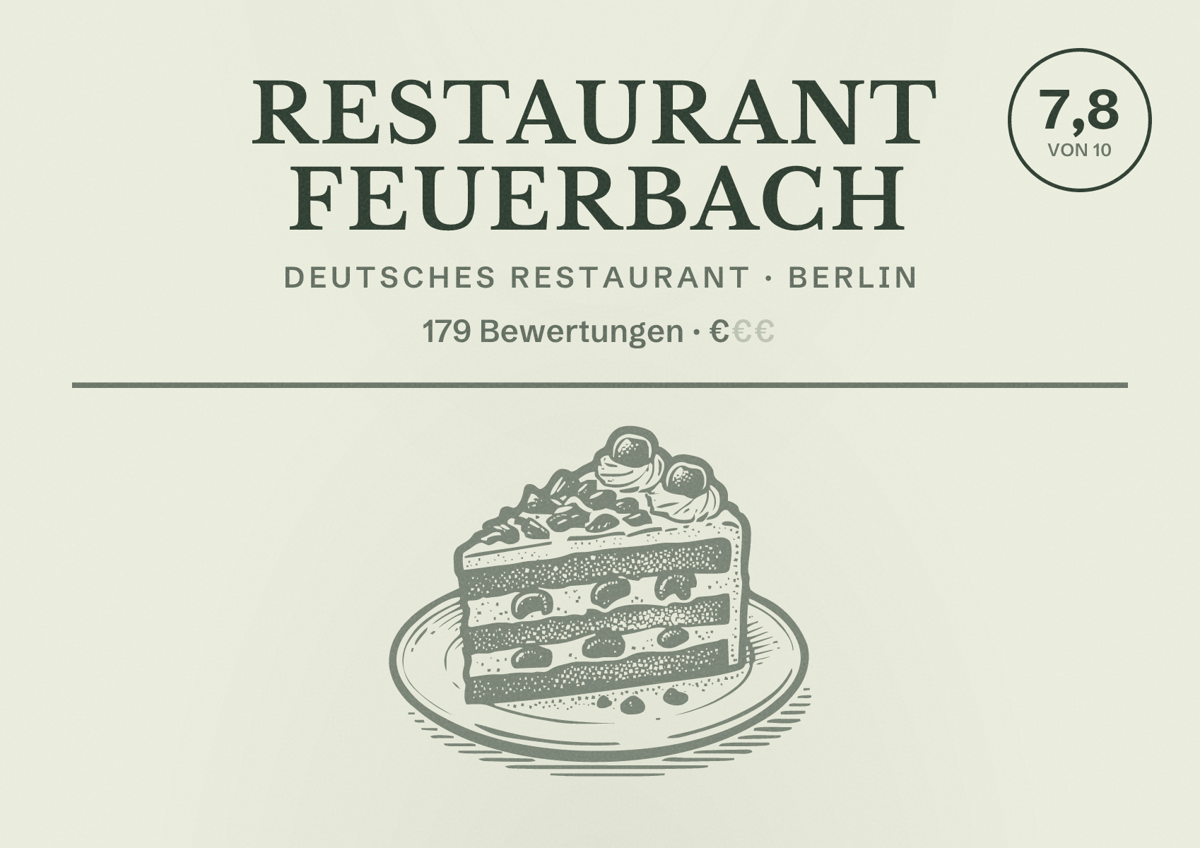 Illustriertes Poster von Restaurant Feuerbach, Deutsches Restaurant in Berlin: Bewertung 7,8 von 10 aus 179 Bewertungen, Preisniveau €
