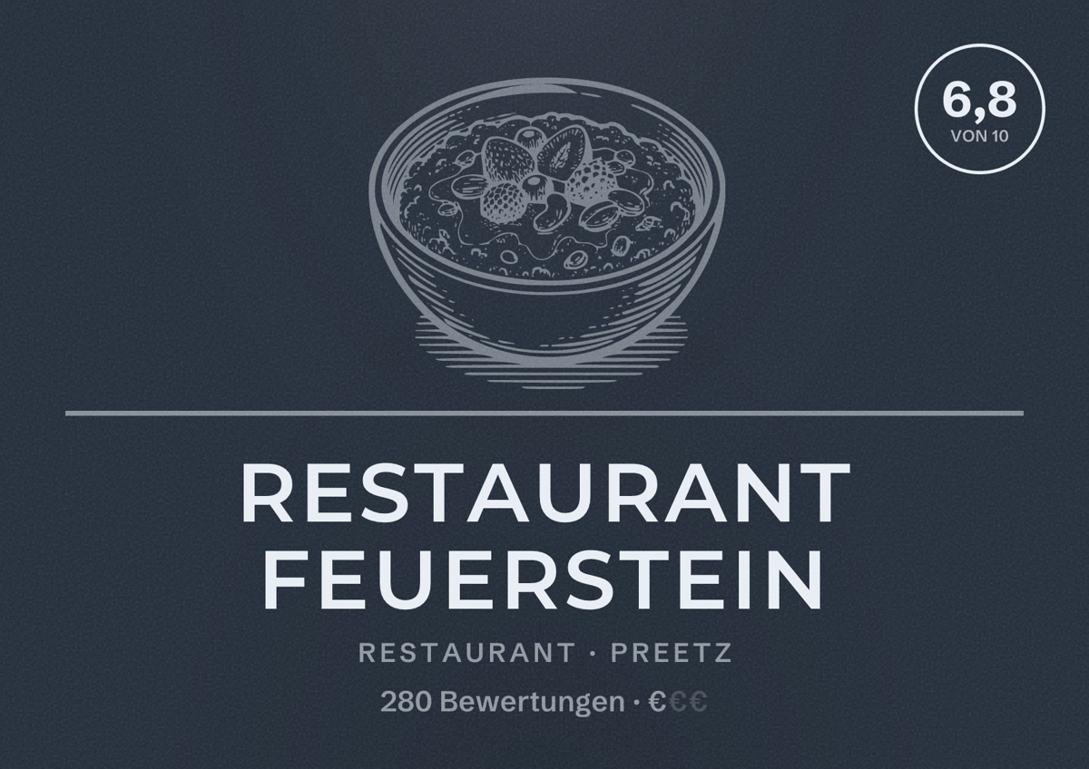 Illustriertes Poster von Restaurant Feuerstein, Restaurant in Preetz: Bewertung 6,8 von 10 aus 280 Bewertungen, Preisniveau €