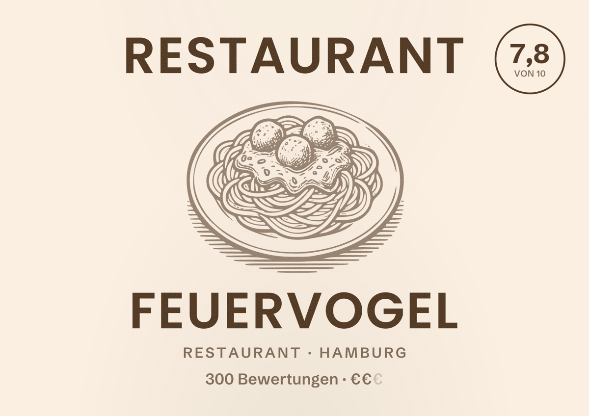 Illustriertes Poster von Restaurant Feuervogel, Restaurant in Hamburg: Bewertung 7,8 von 10 aus 300 Bewertungen, Preisniveau €€