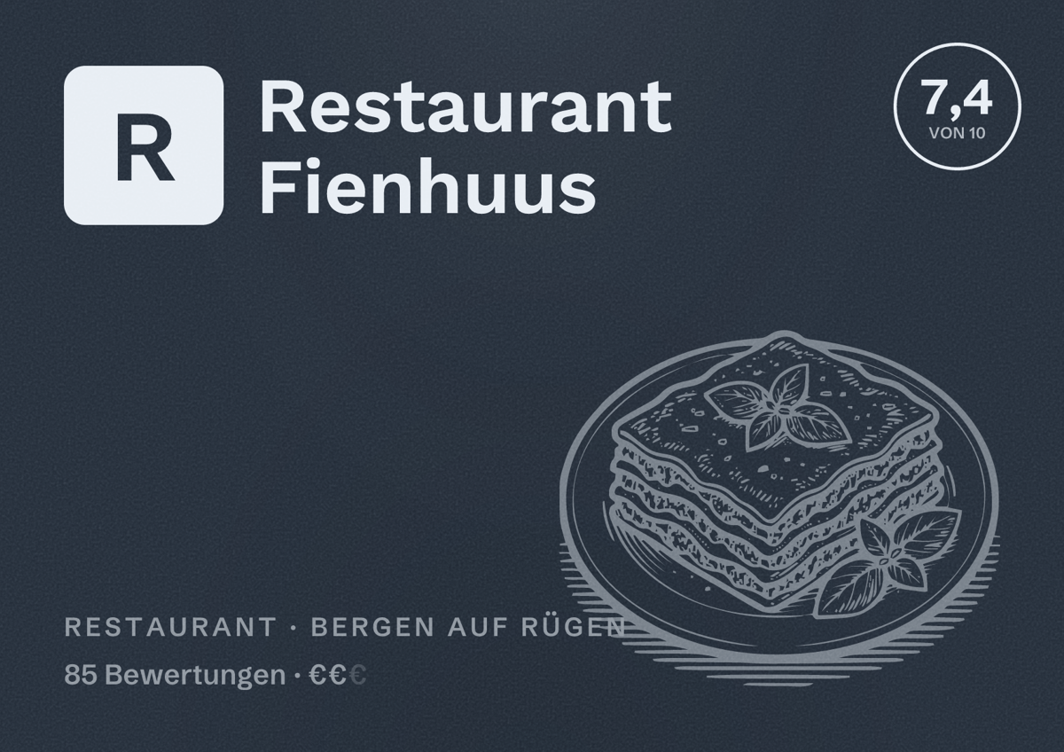Illustriertes Poster von Restaurant Fienhuus, Restaurant in Bergen auf Rügen: Bewertung 7,4 von 10 aus 85 Bewertungen, Preisniveau €€