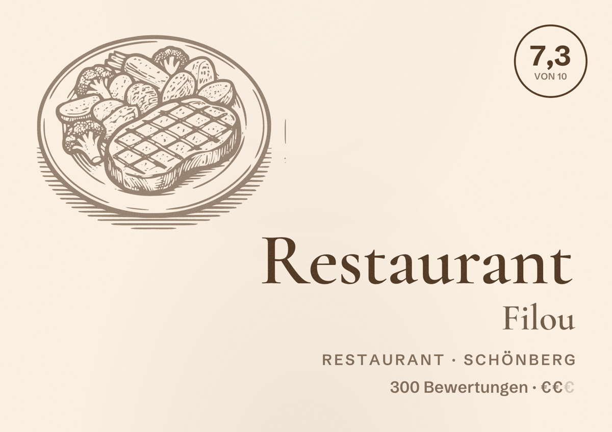 Illustriertes Poster von Restaurant Filou, Restaurant in Schönberg: Bewertung 7,3 von 10 aus 300 Bewertungen, Preisniveau €€
