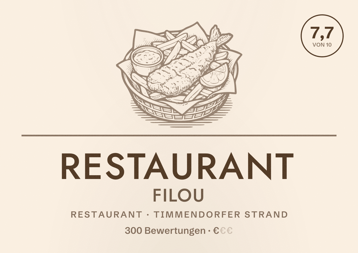 Illustriertes Poster von Restaurant Filou, Restaurant in Timmendorfer Strand: Bewertung 7,7 von 10 aus 300 Bewertungen, Preisniveau €