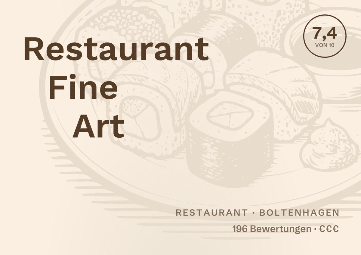 Illustriertes Poster von Restaurant Fine Art, Restaurant in Boltenhagen: Bewertung 7,4 von 10 aus 196 Bewertungen, Preisniveau €€€