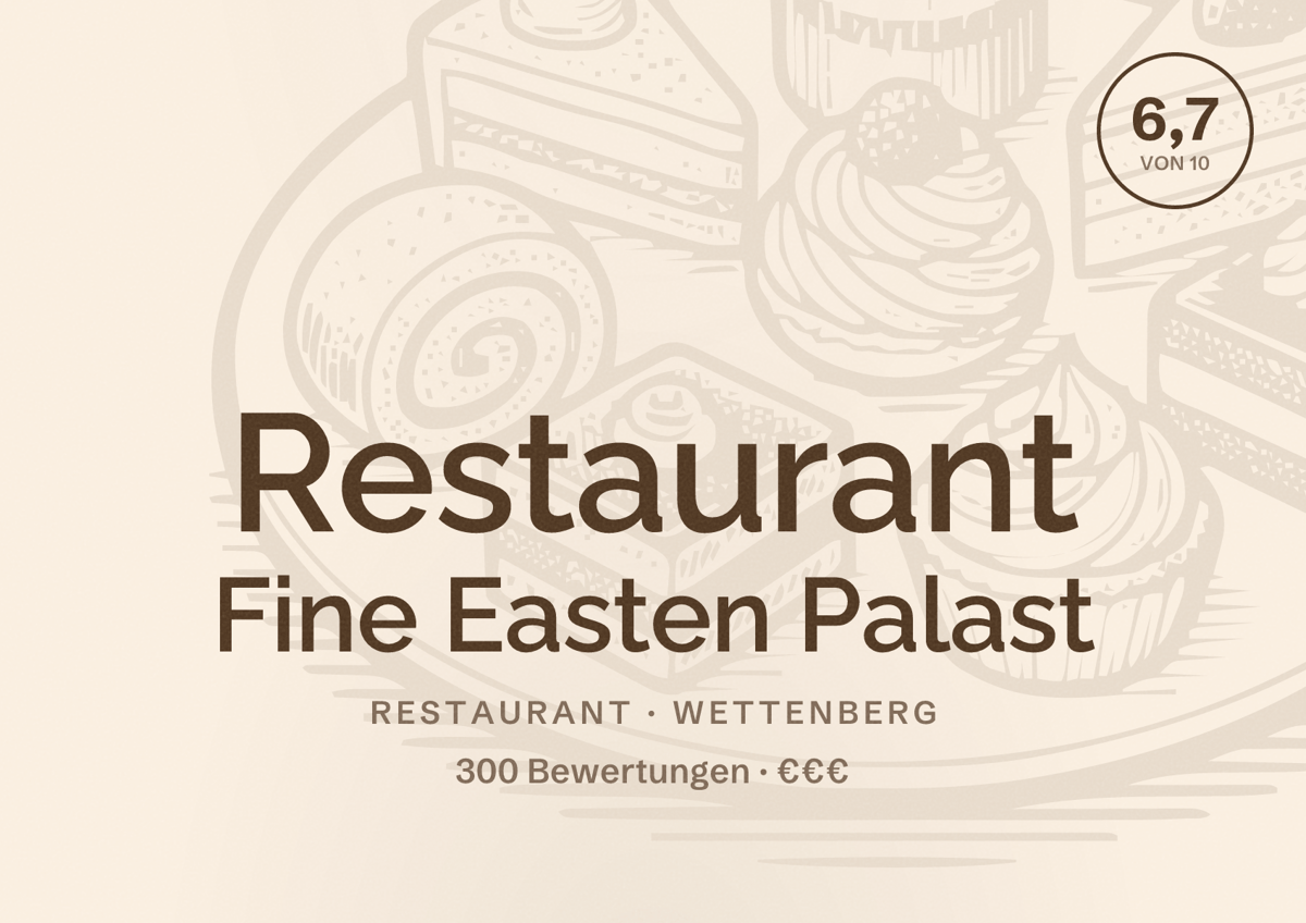 Illustriertes Poster von Restaurant Fine Easten Palast, Restaurant in Wettenberg: Bewertung 6,7 von 10 aus 300 Bewertungen, Preisniveau €€€