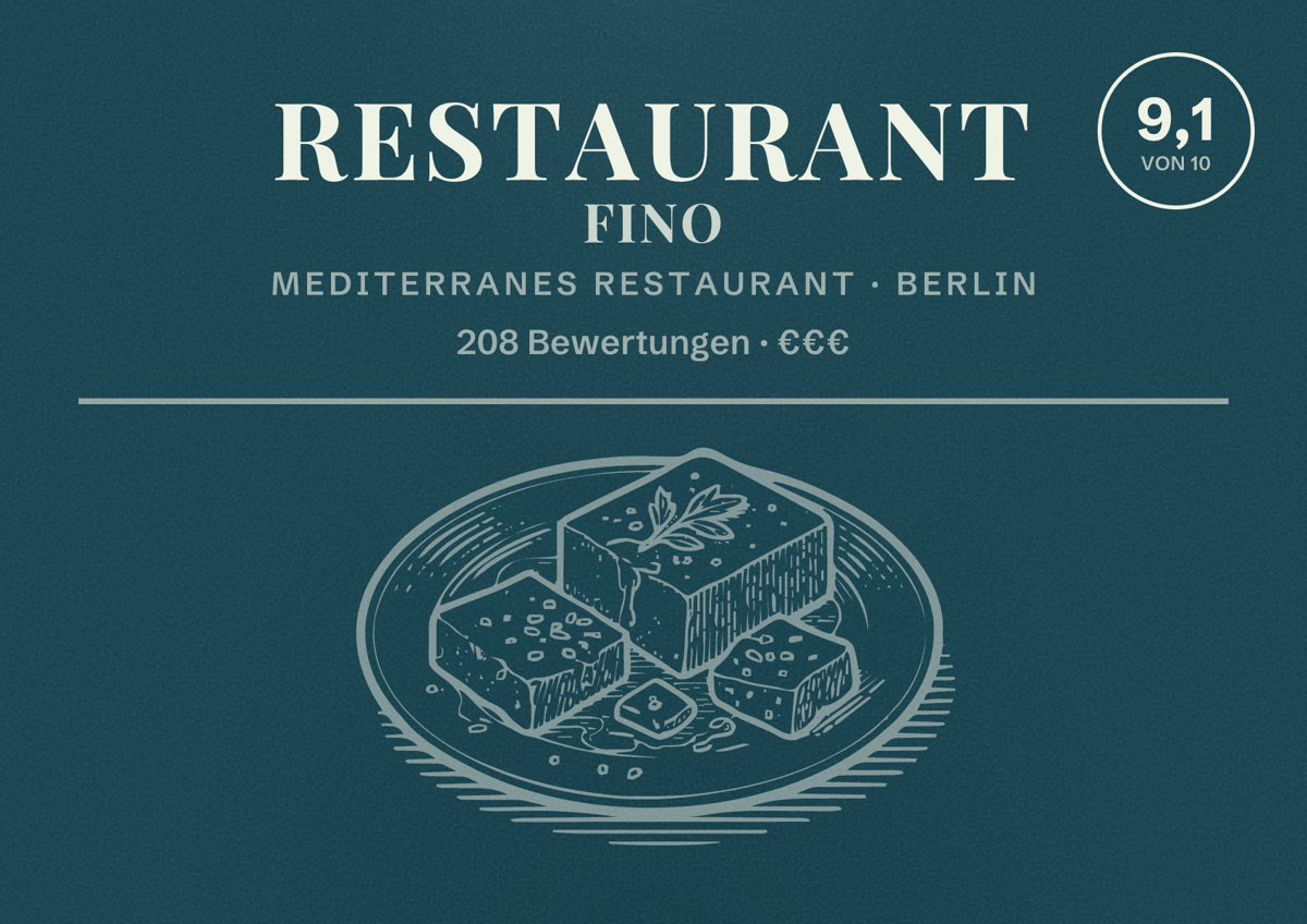 Illustriertes Poster von Restaurant Fino, Mediterranes Restaurant in Berlin: Bewertung 9,1 von 10 aus 208 Bewertungen, Preisniveau €€€