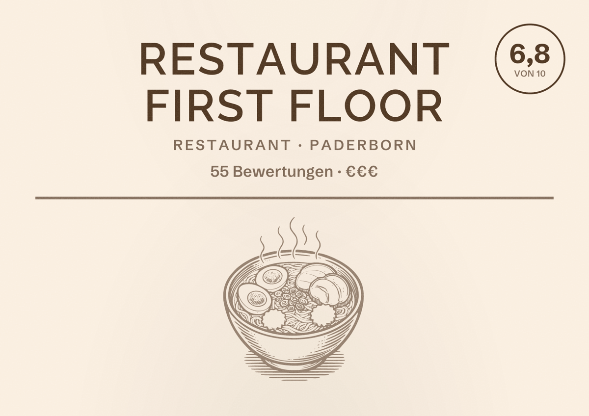 Illustriertes Poster von Restaurant First Floor, Restaurant in Paderborn: Bewertung 6,8 von 10 aus 55 Bewertungen, Preisniveau €€€