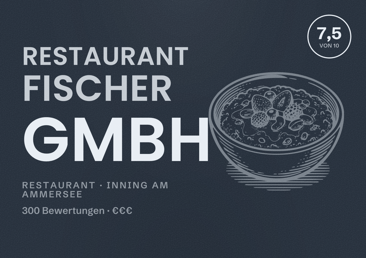 Illustriertes Poster von Restaurant FISCHER GmbH, Restaurant in Inning am Ammersee: Bewertung 7,5 von 10 aus 300 Bewertungen, Preisniveau €€€