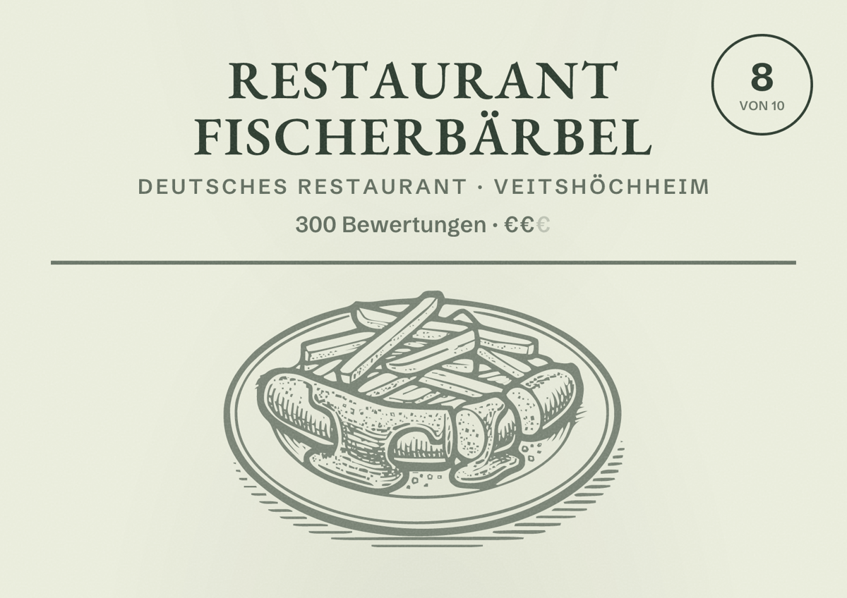 Illustriertes Poster von Restaurant Fischerbärbel, Deutsches Restaurant in Veitshöchheim: Bewertung 8 von 10 aus 300 Bewertungen, Preisniveau €€
