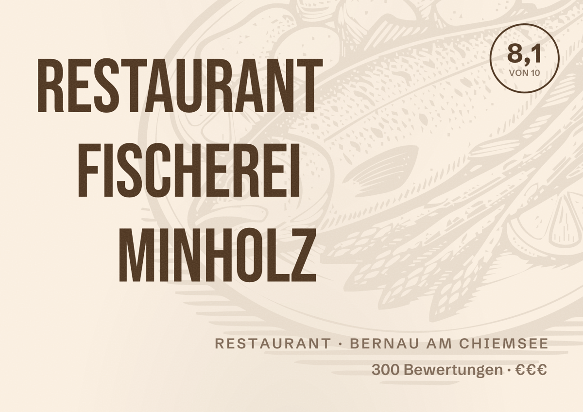 Illustriertes Poster von Restaurant Fischerei Minholz, Restaurant in Bernau am Chiemsee: Bewertung 8,1 von 10 aus 300 Bewertungen, Preisniveau €€€