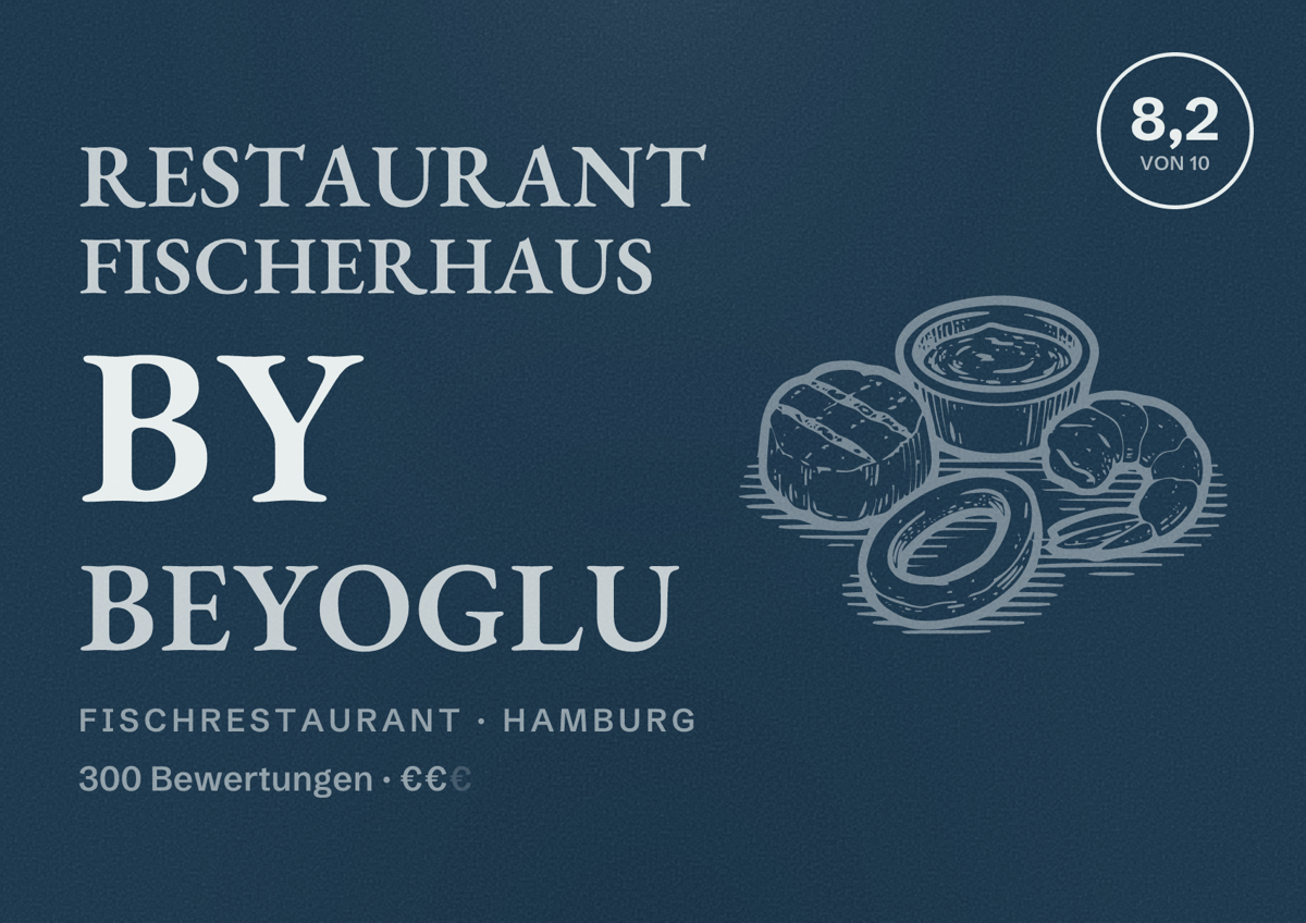 Illustriertes Poster von Restaurant Fischerhaus by Beyoglu, Fischrestaurant in Hamburg: Bewertung 8,2 von 10 aus 300 Bewertungen, Preisniveau €€