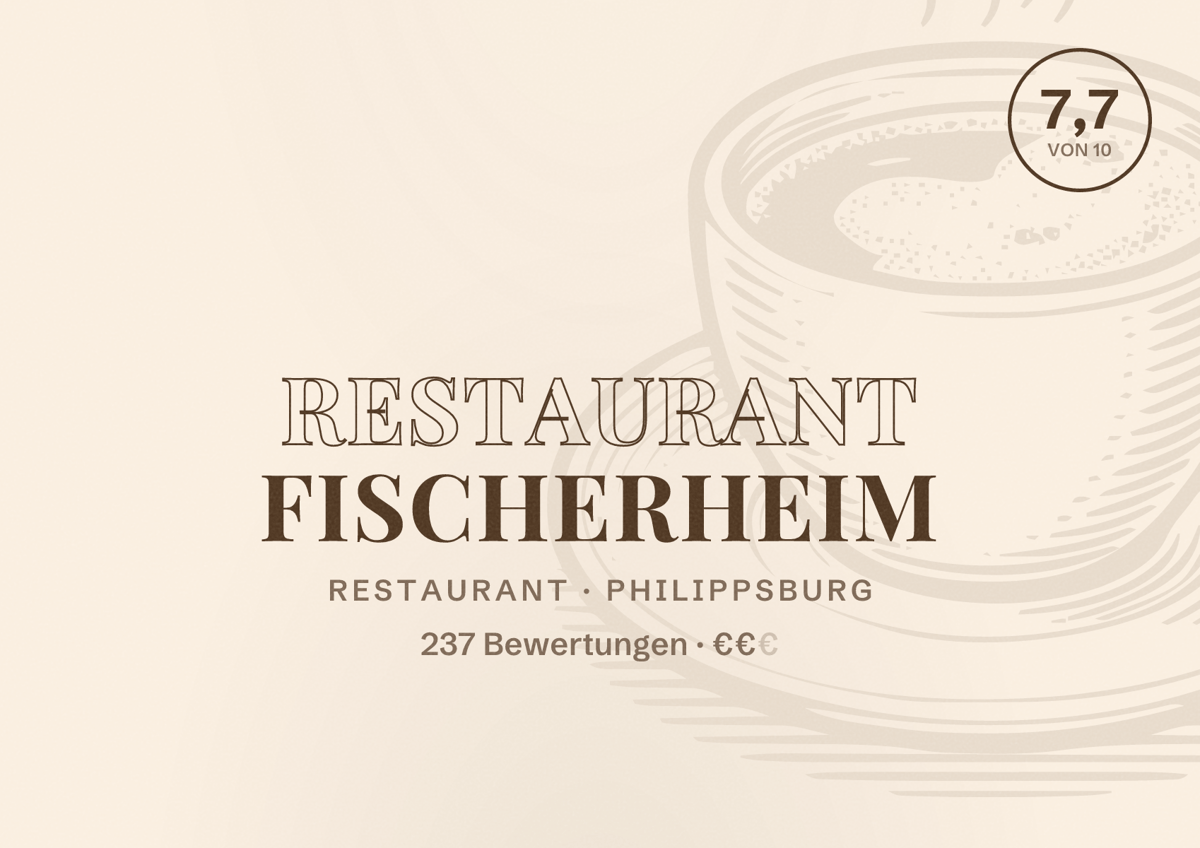 Illustriertes Poster von Restaurant Fischerheim, Restaurant in Philippsburg: Bewertung 7,7 von 10 aus 237 Bewertungen, Preisniveau €€
