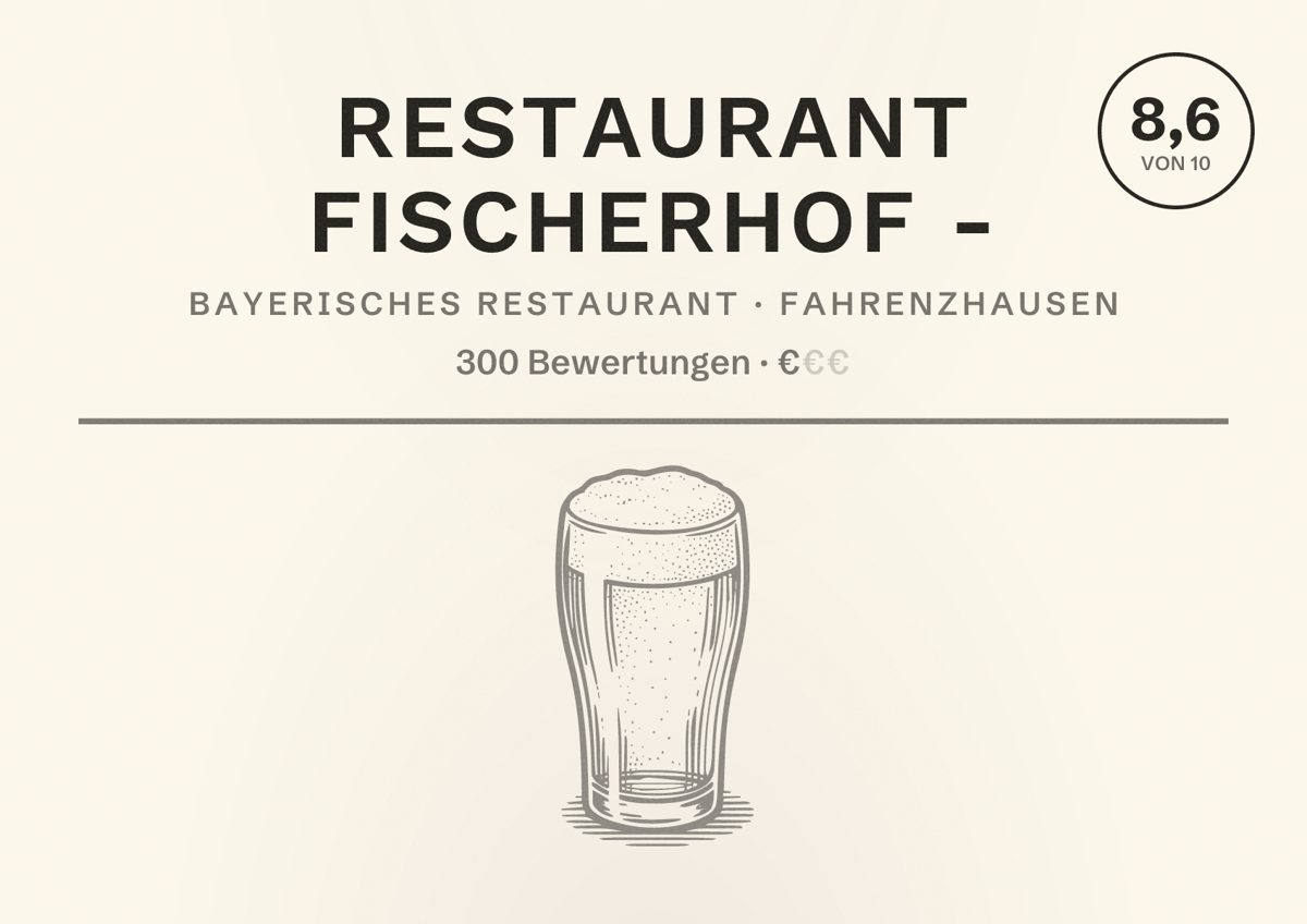 Illustriertes Poster von Restaurant Fischerhof -, Bayerisches Restaurant in Fahrenzhausen: Bewertung 8,6 von 10 aus 300 Bewertungen, Preisniveau €