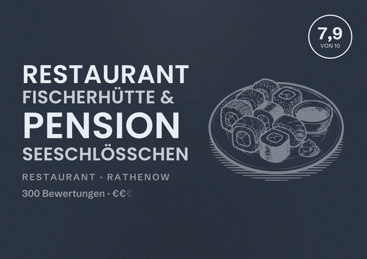 Illustriertes Poster von Restaurant Fischerhütte & Pension Seeschlösschen, Restaurant in Rathenow: Bewertung 7,9 von 10 aus 300 Bewertungen, Preisniveau €€