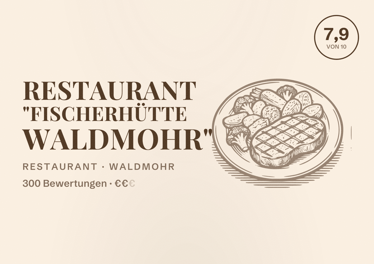 Illustriertes Poster von Restaurant "Fischerhütte Waldmohr", Restaurant in Waldmohr: Bewertung 7,9 von 10 aus 300 Bewertungen, Preisniveau €€