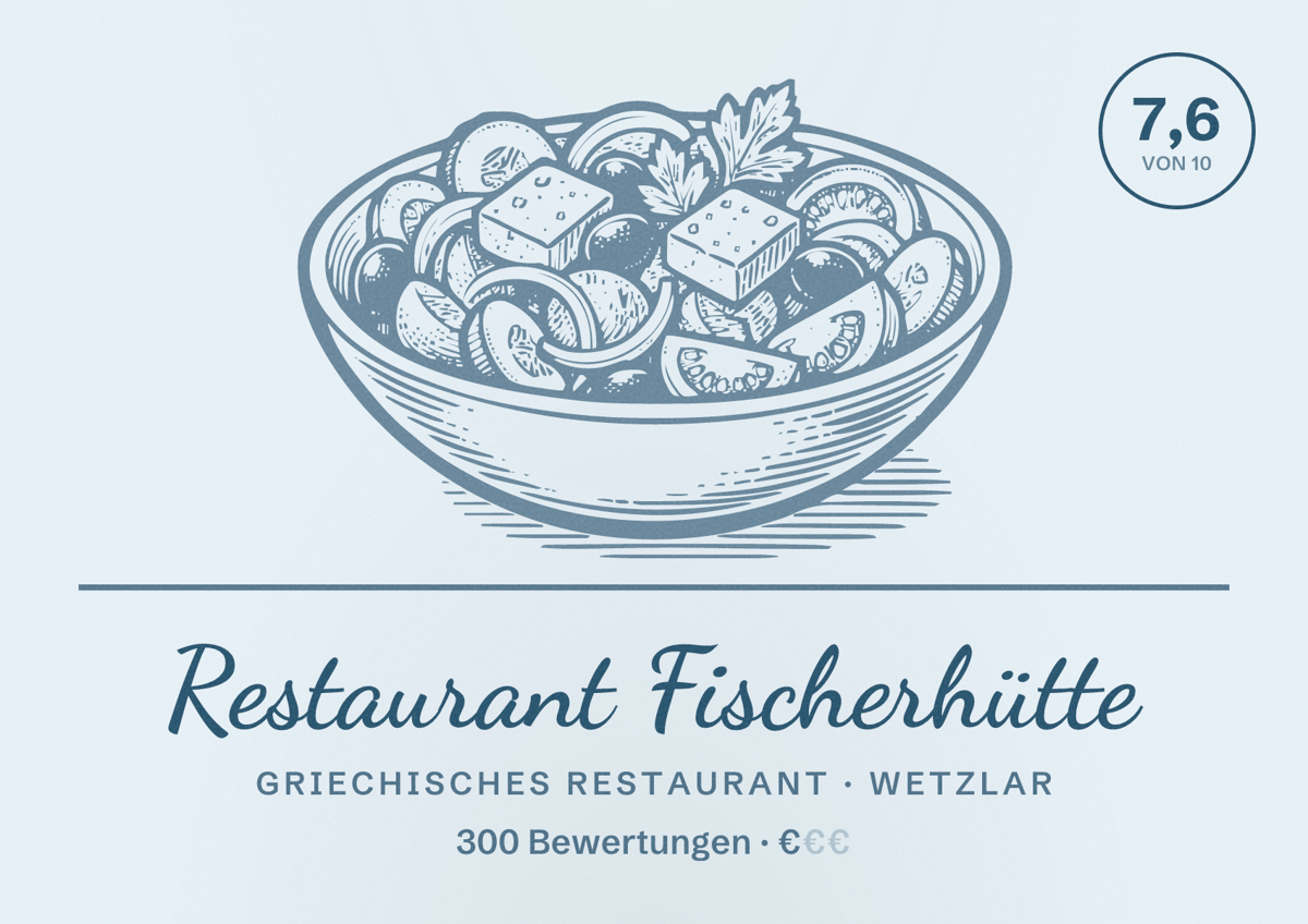 Illustriertes Poster von Restaurant Fischerhütte, Griechisches Restaurant in Wetzlar: Bewertung 7,6 von 10 aus 300 Bewertungen, Preisniveau €