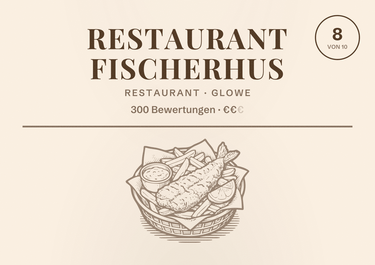 Illustriertes Poster von Restaurant Fischerhus, Restaurant in Glowe: Bewertung 8 von 10 aus 300 Bewertungen, Preisniveau €€