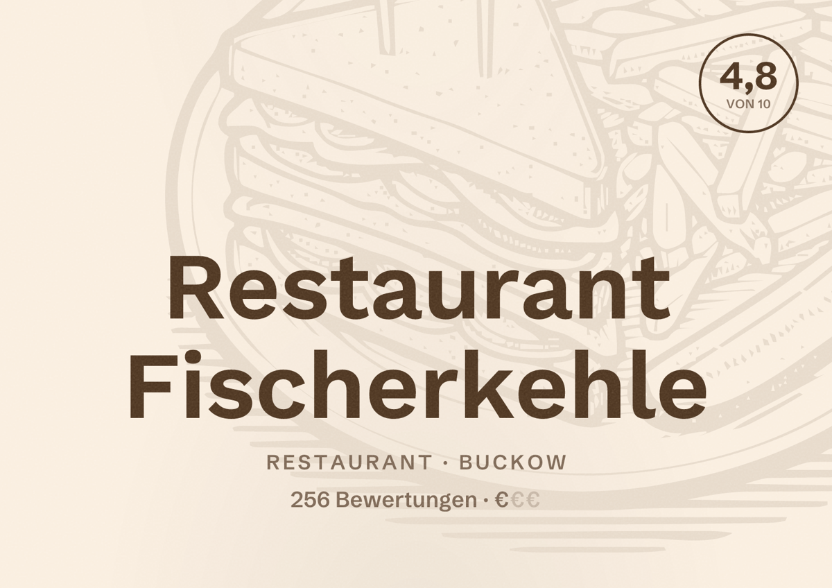 Illustriertes Poster von Restaurant Fischerkehle, Restaurant in Buckow: Bewertung 4,8 von 10 aus 256 Bewertungen, Preisniveau €