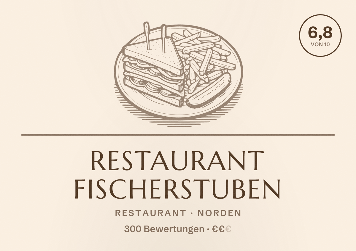 Illustriertes Poster von Restaurant Fischerstuben, Restaurant in Norden: Bewertung 6,8 von 10 aus 300 Bewertungen, Preisniveau €€