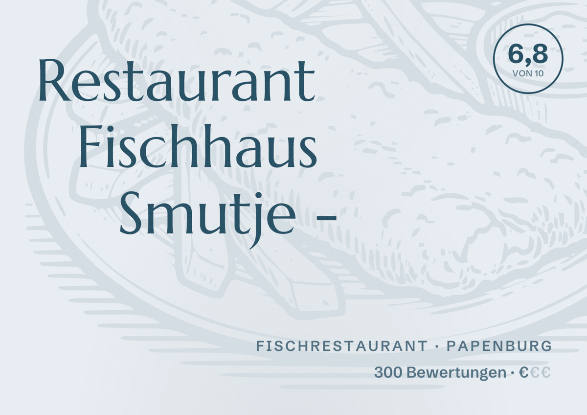 Illustriertes Poster von Restaurant Fischhaus Smutje -, Fischrestaurant in Papenburg: Bewertung 6,8 von 10 aus 300 Bewertungen, Preisniveau €