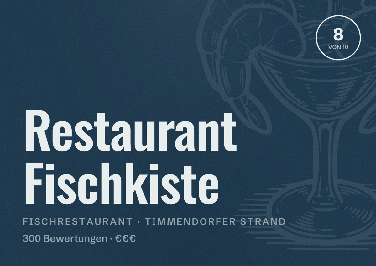 Illustriertes Poster von Restaurant Fischkiste, Fischrestaurant in Timmendorfer Strand: Bewertung 8 von 10 aus 300 Bewertungen, Preisniveau €€€