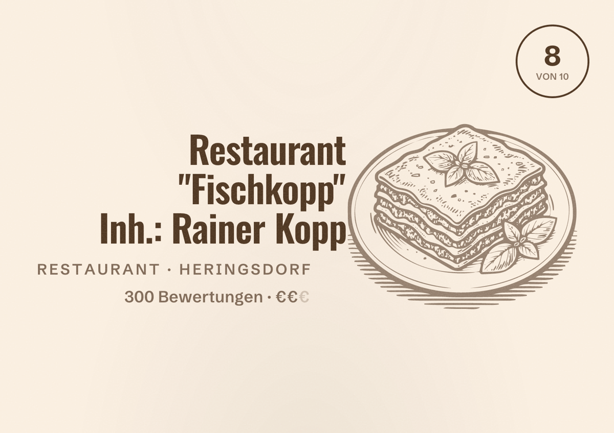 Illustriertes Poster von Restaurant "Fischkopp" Inh.: Rainer Kopp, Restaurant in Heringsdorf: Bewertung 8 von 10 aus 300 Bewertungen, Preisniveau €€