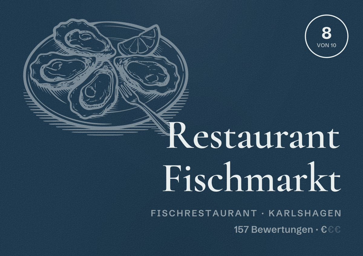 Illustriertes Poster von Restaurant Fischmarkt, Fischrestaurant in Karlshagen: Bewertung 8 von 10 aus 157 Bewertungen, Preisniveau €