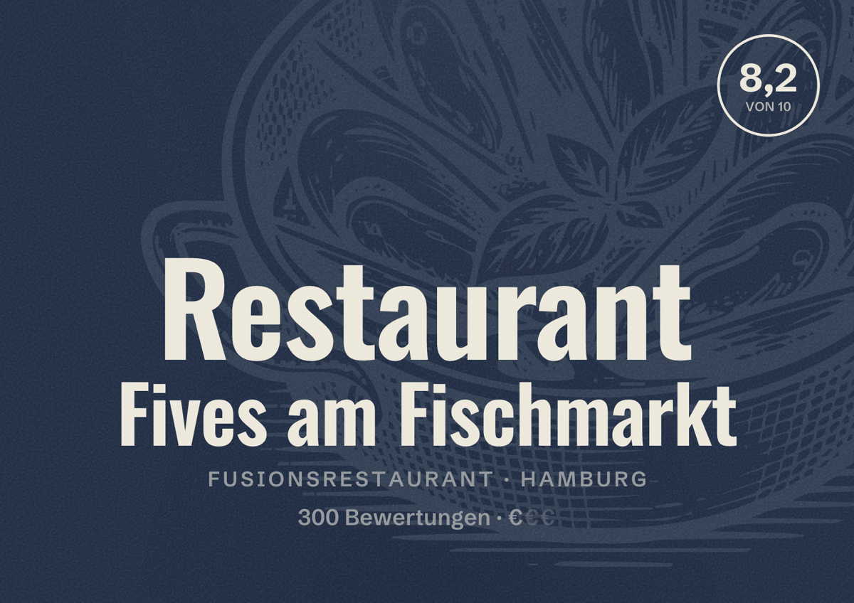 Illustriertes Poster von Restaurant Fives am Fischmarkt, Fusionsrestaurant in Hamburg: Bewertung 8,2 von 10 aus 300 Bewertungen, Preisniveau €