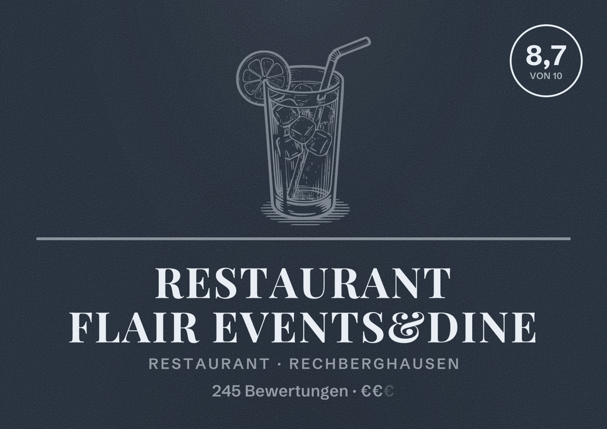 Illustriertes Poster von Restaurant FLAIR Events&Dine, Restaurant in Rechberghausen: Bewertung 8,7 von 10 aus 245 Bewertungen, Preisniveau €€