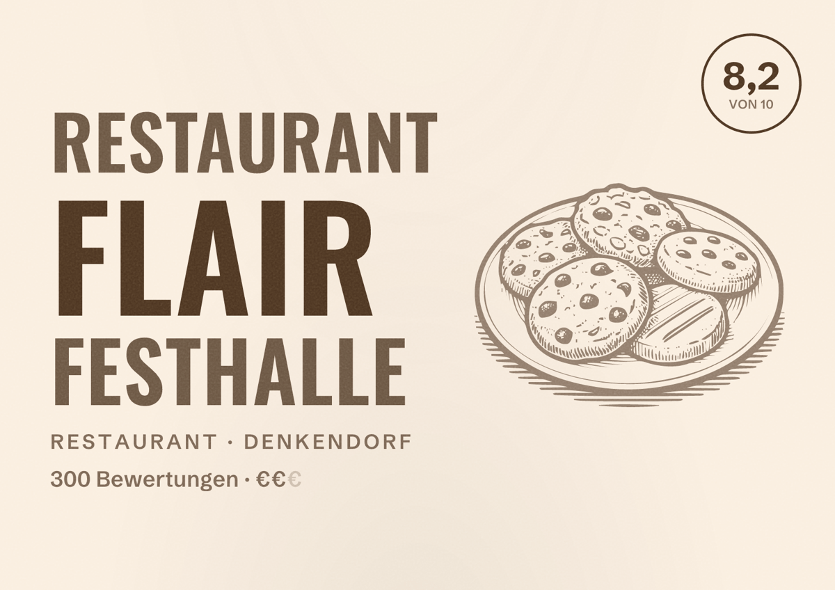 Illustriertes Poster von Restaurant Flair Festhalle, Restaurant in Denkendorf: Bewertung 8,2 von 10 aus 300 Bewertungen, Preisniveau €€