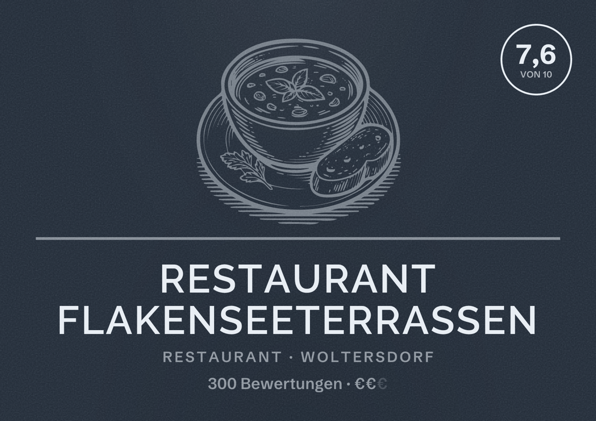 Illustriertes Poster von Restaurant Flakenseeterrassen, Restaurant in Woltersdorf: Bewertung 7,6 von 10 aus 300 Bewertungen, Preisniveau €€