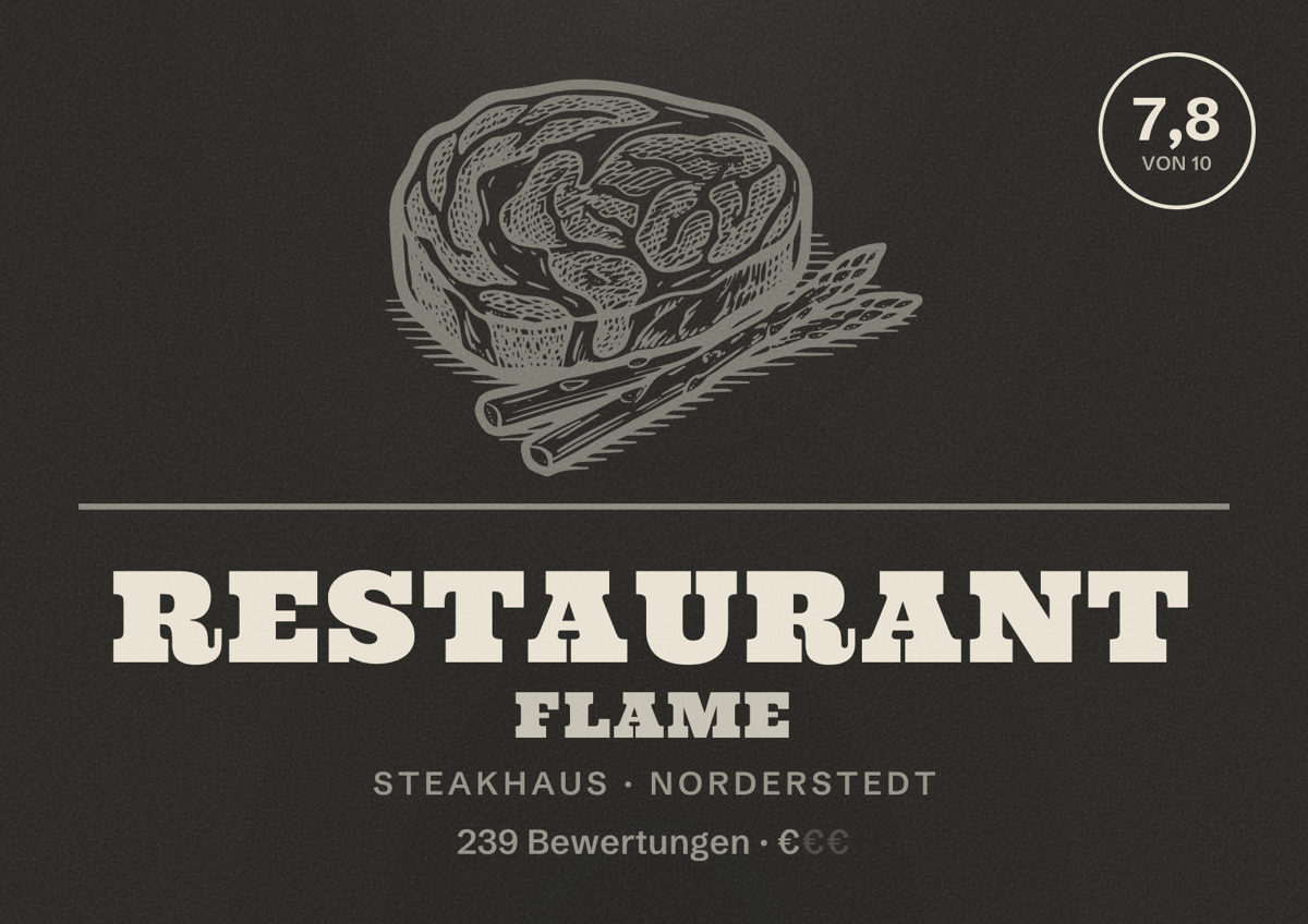 Illustriertes Poster von Restaurant Flame, Steakhaus in Norderstedt: Bewertung 7,8 von 10 aus 239 Bewertungen, Preisniveau €