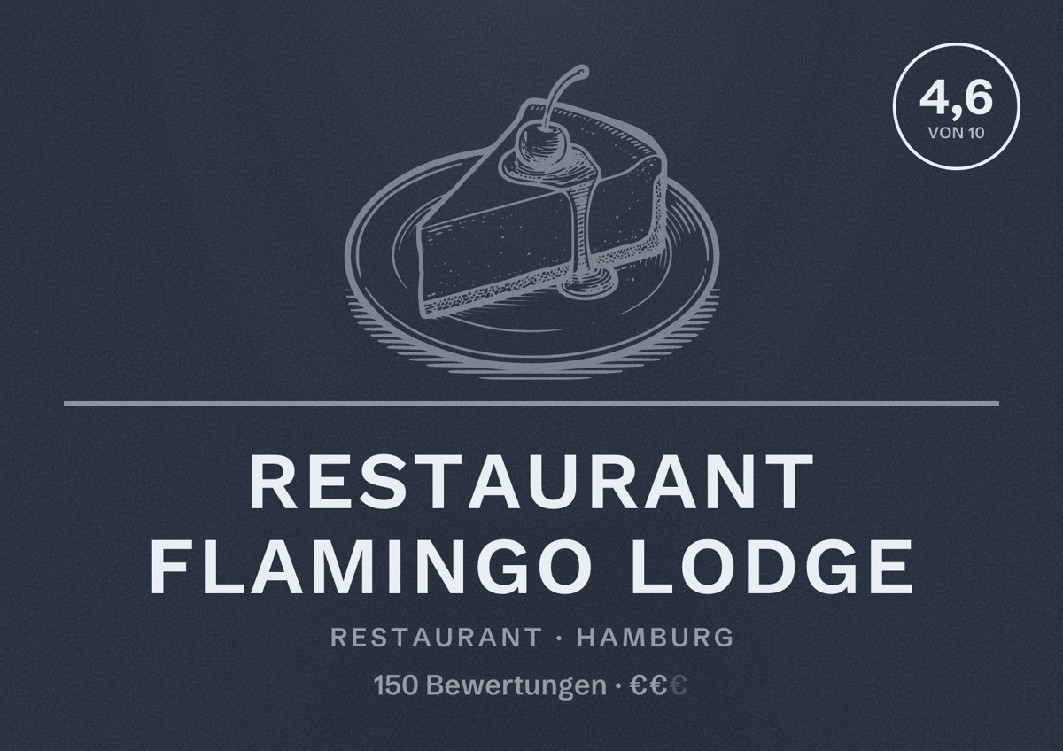 Illustriertes Poster von Restaurant Flamingo Lodge, Restaurant in Hamburg: Bewertung 4,6 von 10 aus 150 Bewertungen, Preisniveau €€