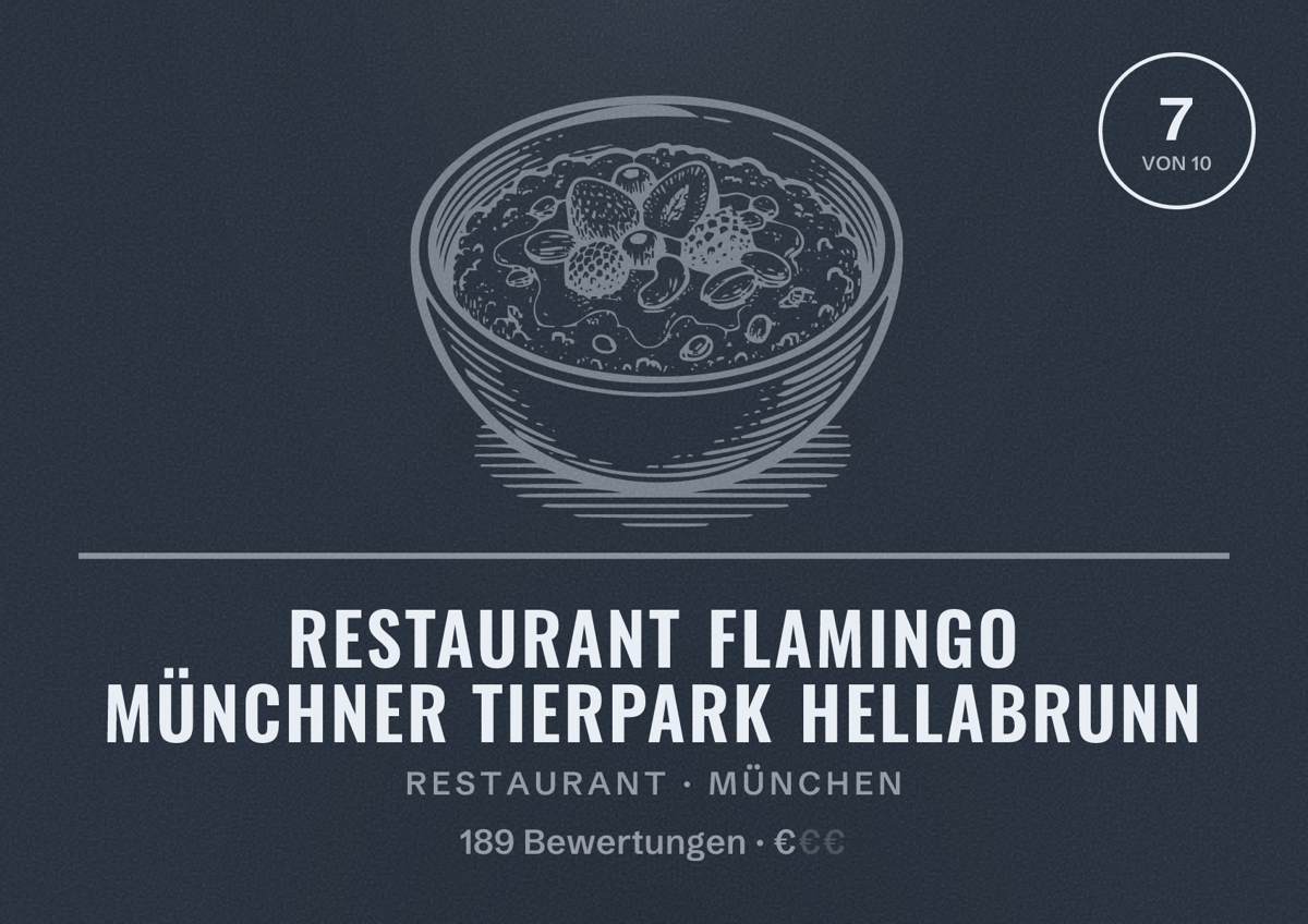 Illustriertes Poster von Restaurant Flamingo Münchner Tierpark Hellabrunn, Restaurant in München: Bewertung 7,0 von 10 aus 189 Bewertungen, Preisniveau €