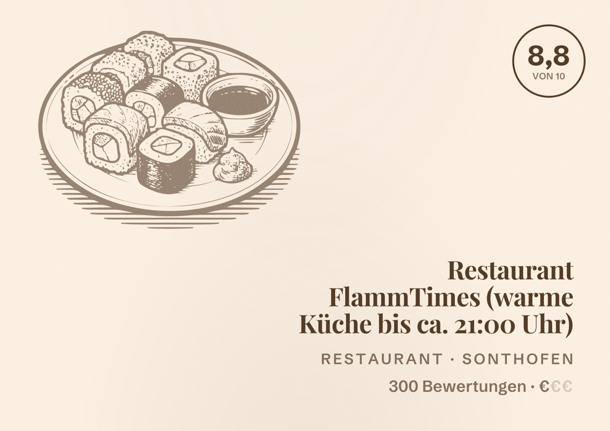 Illustriertes Poster von Restaurant FlammTimes (warme Küche bis ca. 21:00 Uhr), Restaurant in Sonthofen: Bewertung 8,8 von 10 aus 300 Bewertungen, Preisniveau €