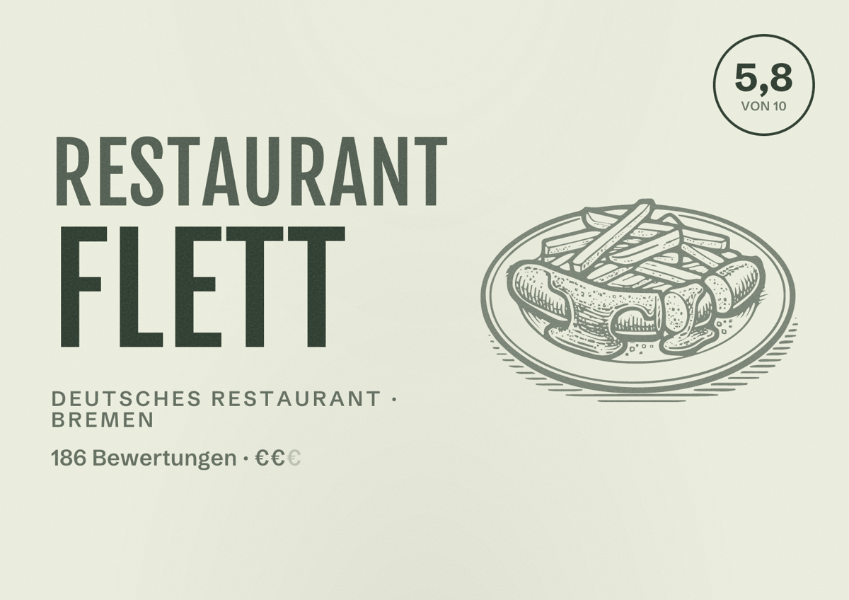 Illustriertes Poster von Restaurant Flett, Deutsches Restaurant in Bremen: Bewertung 5,8 von 10 aus 186 Bewertungen, Preisniveau €€