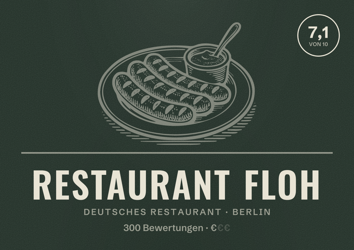 Illustriertes Poster von Restaurant Floh, Deutsches Restaurant in Berlin: Bewertung 7,1 von 10 aus 300 Bewertungen, Preisniveau €