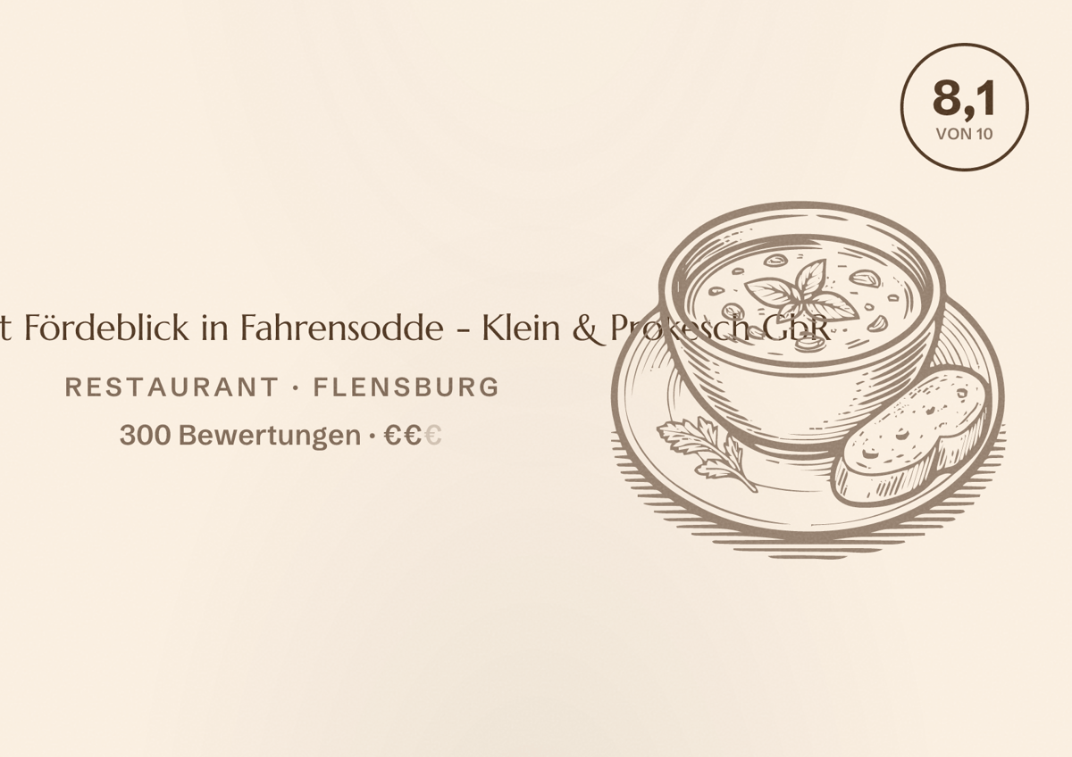 Illustriertes Poster von Restaurant Fördeblick in Fahrensodde - Klein & Prokesch GbR, Restaurant in Flensburg: Bewertung 8,1 von 10 aus 300 Bewertungen, Preisniveau €€